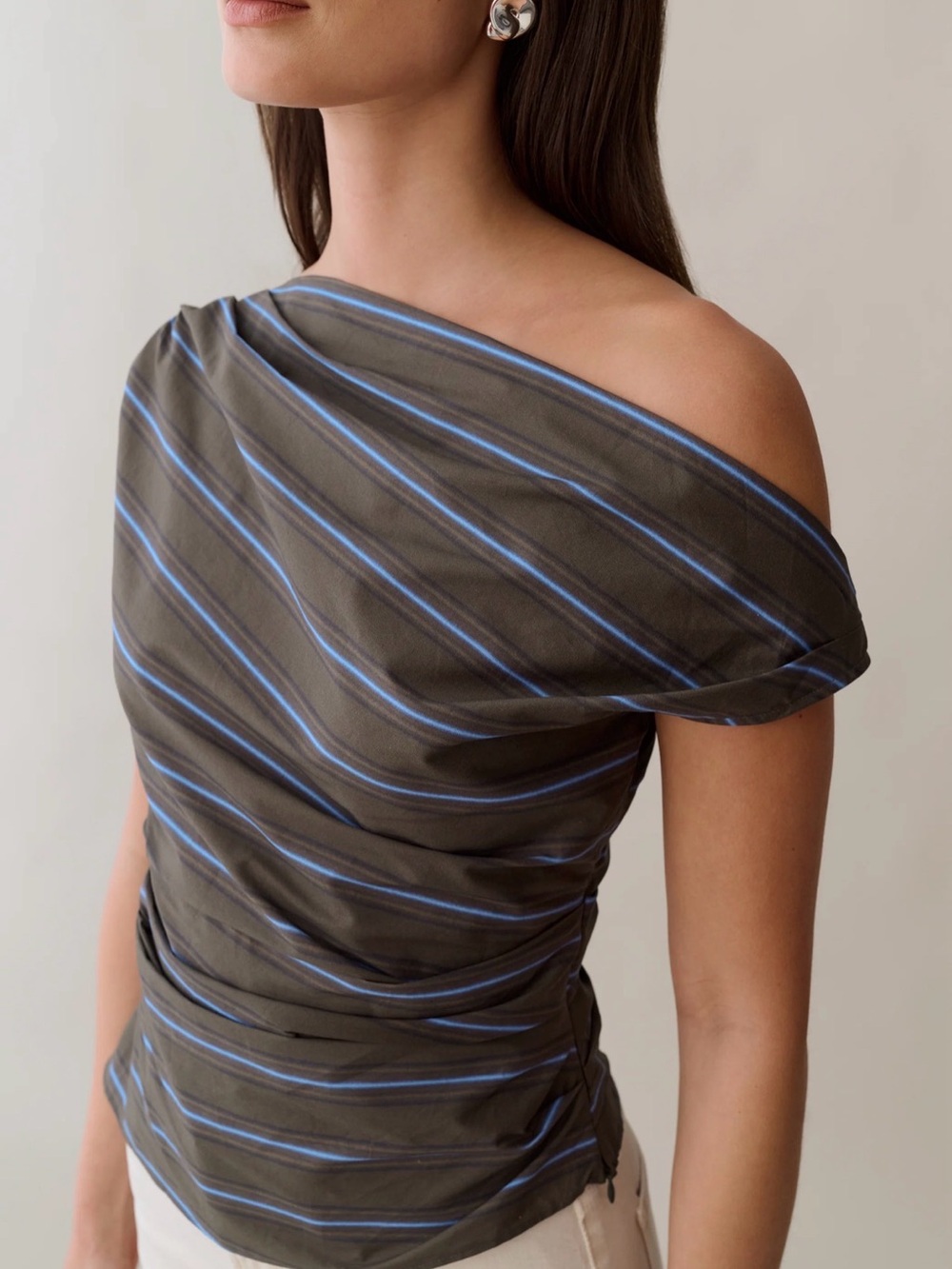 o.p.t Tashi Cotton Top Off-Shoulder Olive & Blue Stripe Women's Dress Top size 6
